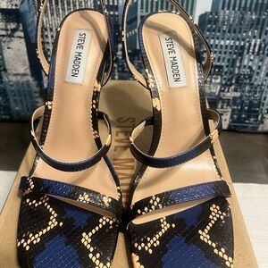 Steve Madden Navy, Black & Beige Snake-Print Strappy Heels